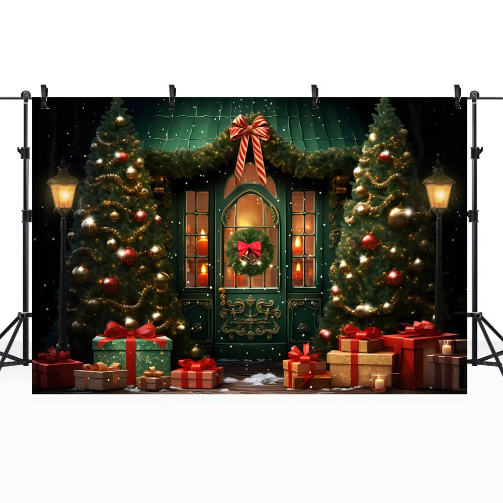 Mocsicka Christmas Backdrop Green Room Xmas Tree Bells Gifts Family Portrait Background Baby Kids Photography Props Photo Studio