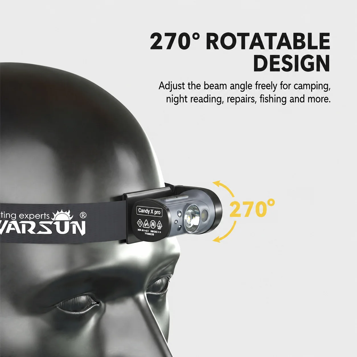 WARSUN Candy X Rechargeable Night Fishing Headlamp, Ultra-Bright Motion Sensor LED Headlight with Cap Clip and Headband