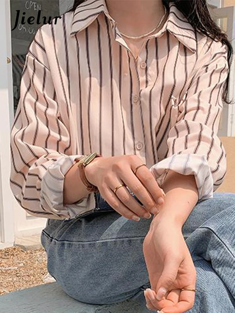 Jielur Spell Color Striped Casual Women Shirt Fashion Office Lady Single Breasted Buttons Polo Drop Sleeve Basic Female Shirts