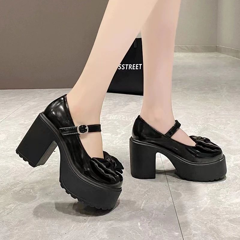 2024 Shoes Female Mary Janes Women\'s High Heels Platform Dress Pump Women Bow Tie Buckle Strap Round Toe Chunky Heel Shoes Women