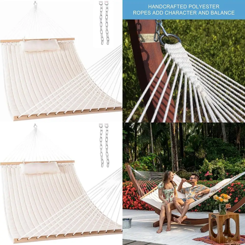 

2-Person Double Hammock with Spreader Bar and Pillow, Outdoor Patio & Poolside, 450 lbs Capacity, Natural