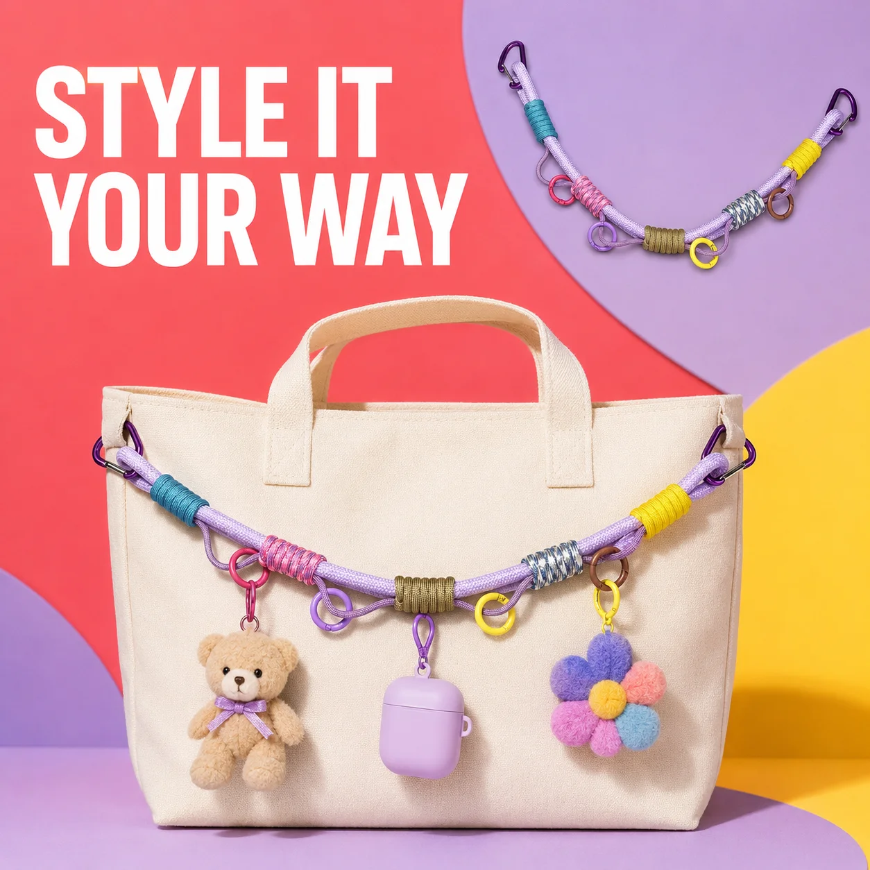 Colorful Dopamine Bag Charm Rope, Braided Rope Accessory with Clips for Tote, Backpack, Purse, Keychains and Charms & More
