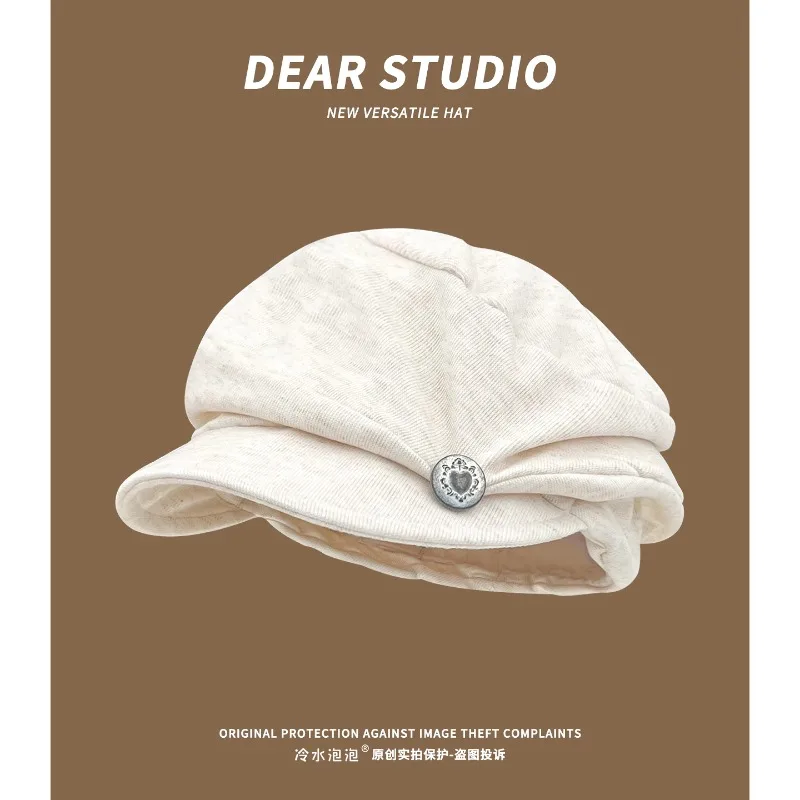 

Japanese Simple Literary Pleated Metal Label Design Beret Women's Spring and Autumn Versatile Short Brim Octagonal Newsboy Cap