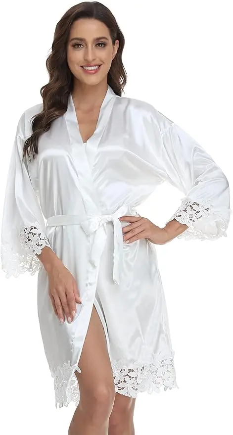 5 Pcs Bridesmaid Kimono Robe Sets Bride Silky Wedding Day Bathrobe with Lace Trim Embroidered Getting Ready