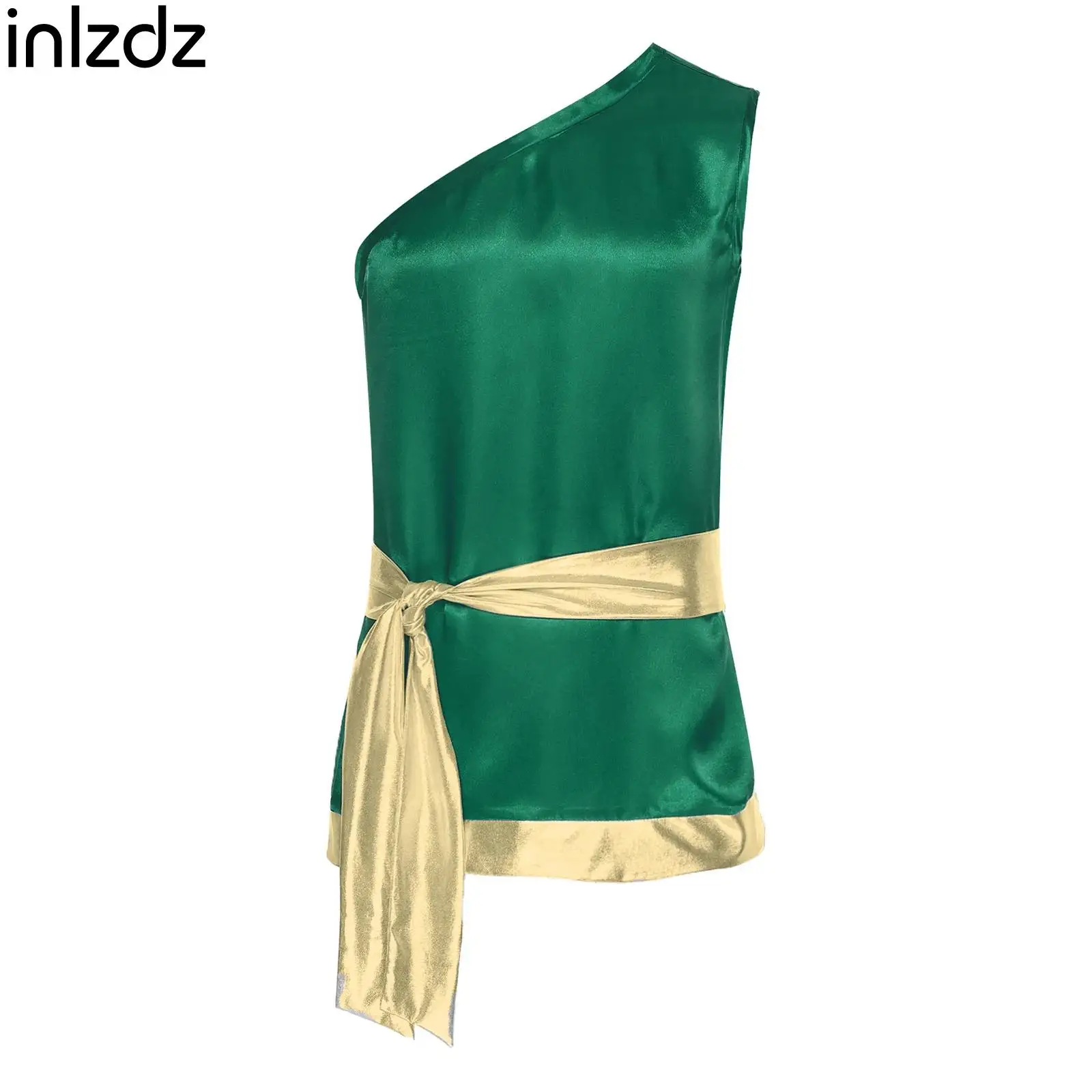 

Adult Mens Worship Lyrical Dancewear Liturgical Praise Dance Top with Lacing Waist Belt Sleeveless One Shoulder Satiny Shirt Top