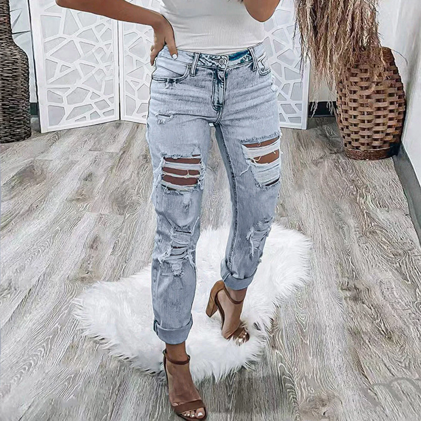 

2024 New Women's Ripped Jeans Slim Fit Fashion High Waist Trousers Streetwear Vintage Stretch Casual Denim Ankle Length Pants