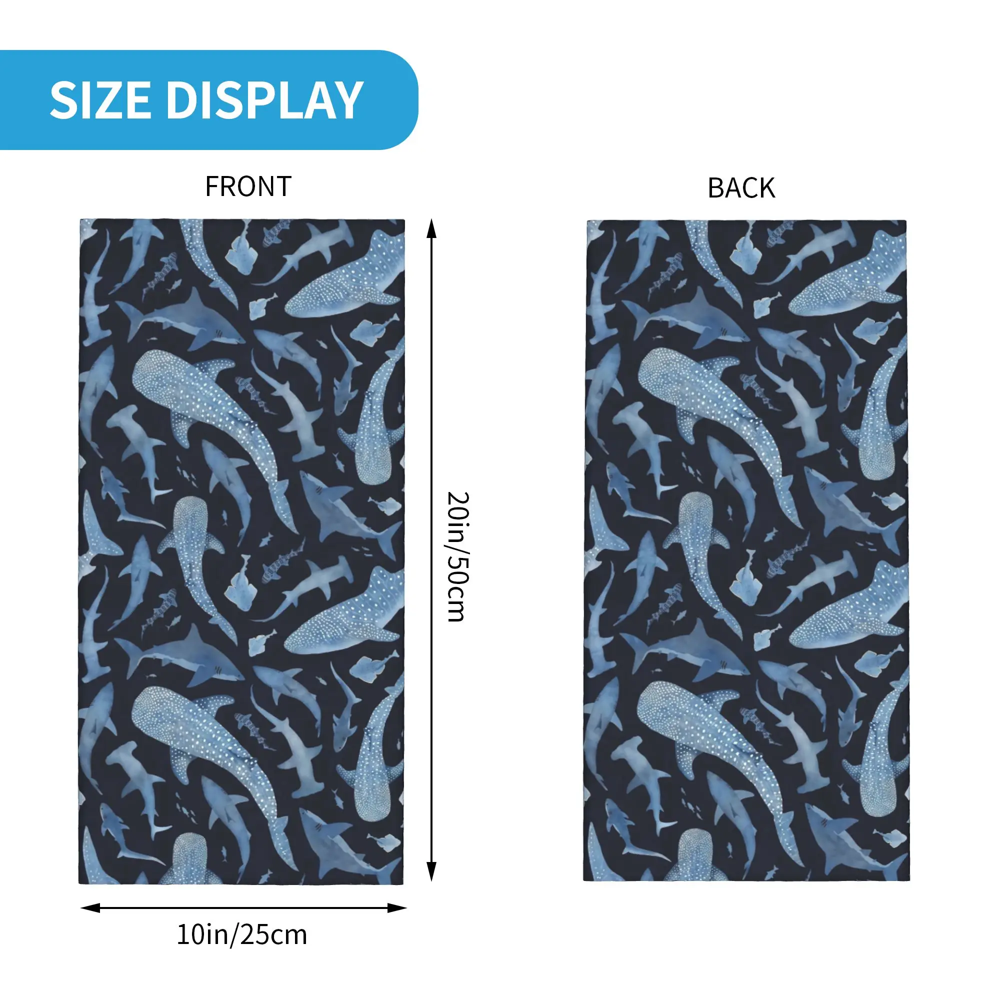 Monochrome Blue Watercolour Shark Ocean Bandana Neck Gaiter Printed Wrap Scarf Multifunctional Headband Unisex Adult Breathable