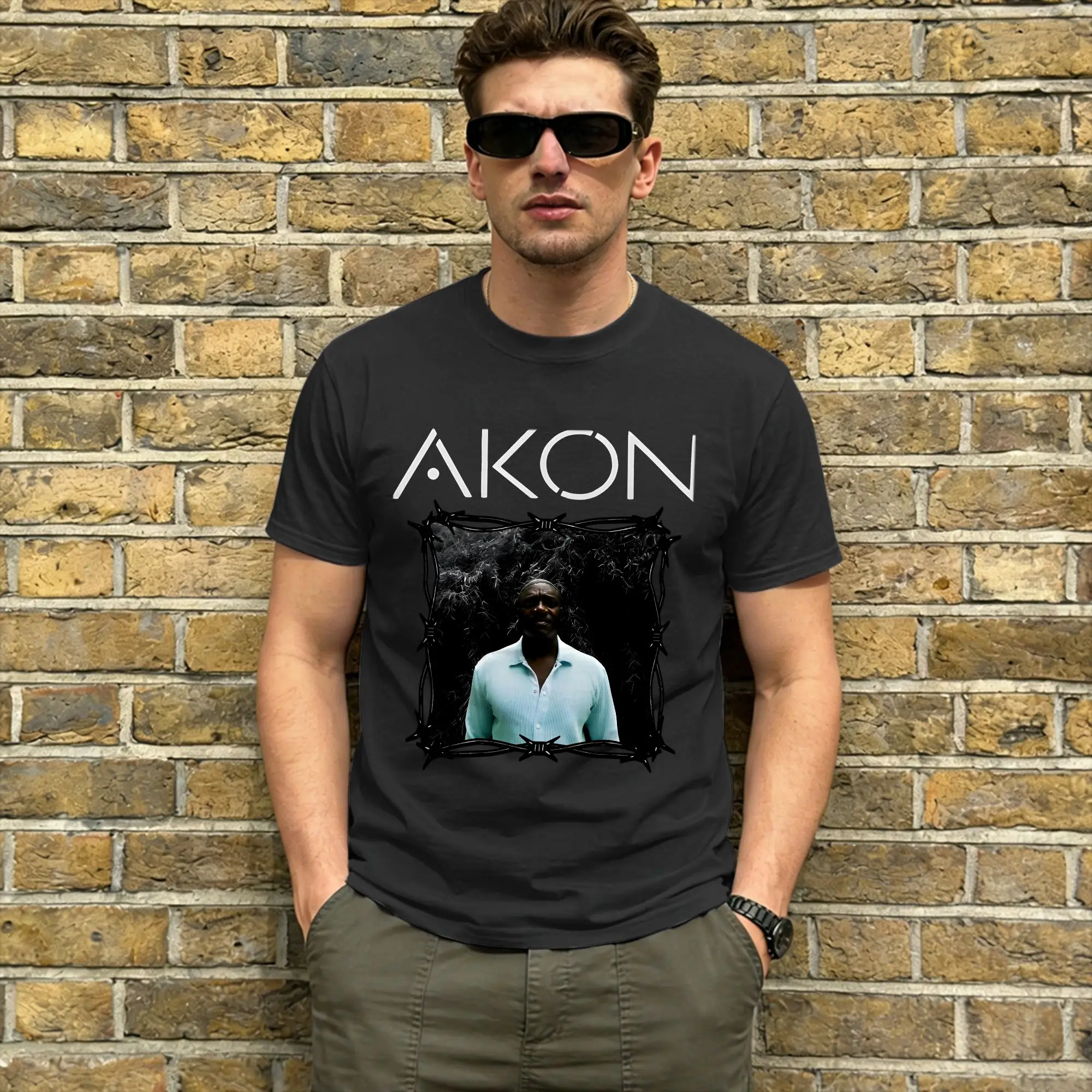 Streetwear T-Shirt Summer Akon Hip Hop T Shirts Grunge Grayscale Cotton Tshirt for Mens Y2K Retro Custom Logo Short Sleeve Tops