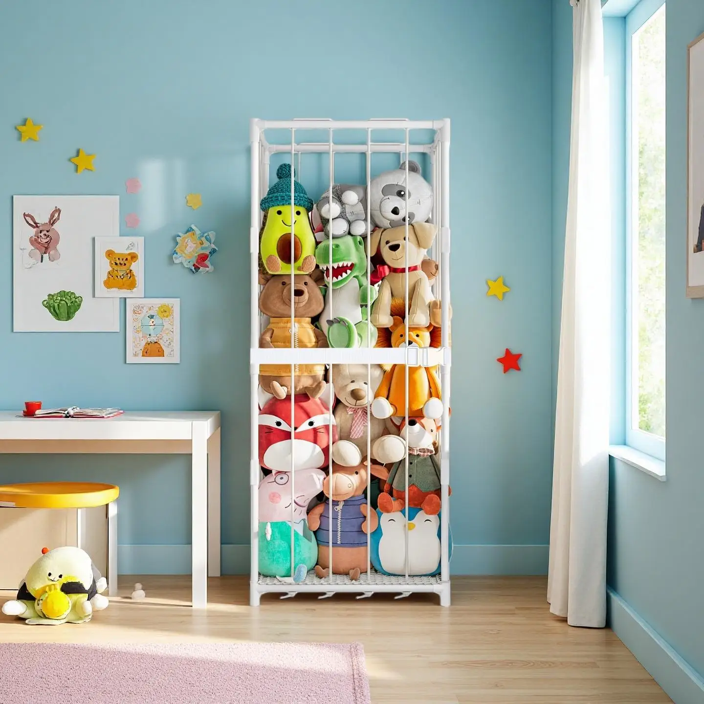 Vertical Stuffed Animal Storage Organizer Zoo Themed Plush Toy Display Rack Space-Saving Metal Frame Holder with Elastic Net Freestanding Corner Storage for Kids Playroom Nursery Bedroom Baby Room Organization view 8