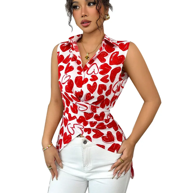 Amerikanische Europäische Neue Mode 2025, Sommer frauen drehen-unten Kragen Oansatz Gedruckt Ärmellose Strickjacken Shirts Weibliche Top Kleidung