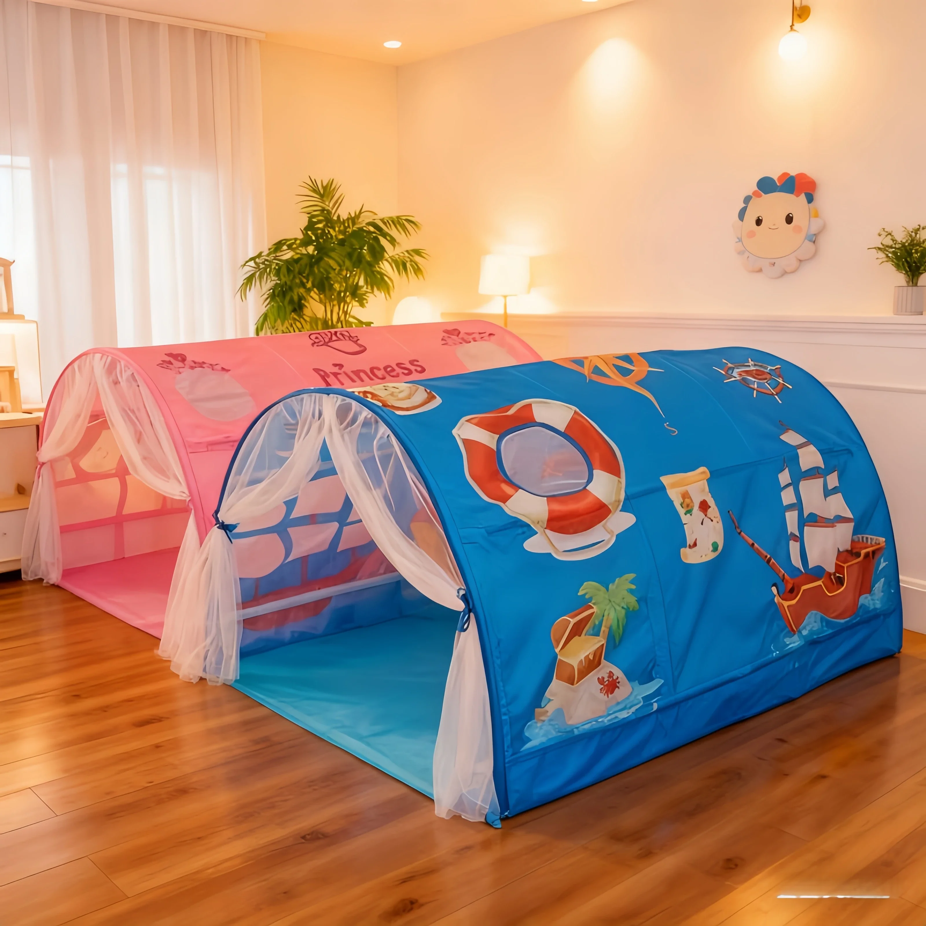 Tenda da interno a cupola 2 in 1 per bambini Casa da gioco divertente portatile Cartoon Sea World & Princess Cart Patterns Decorazione della stanza dei bambini