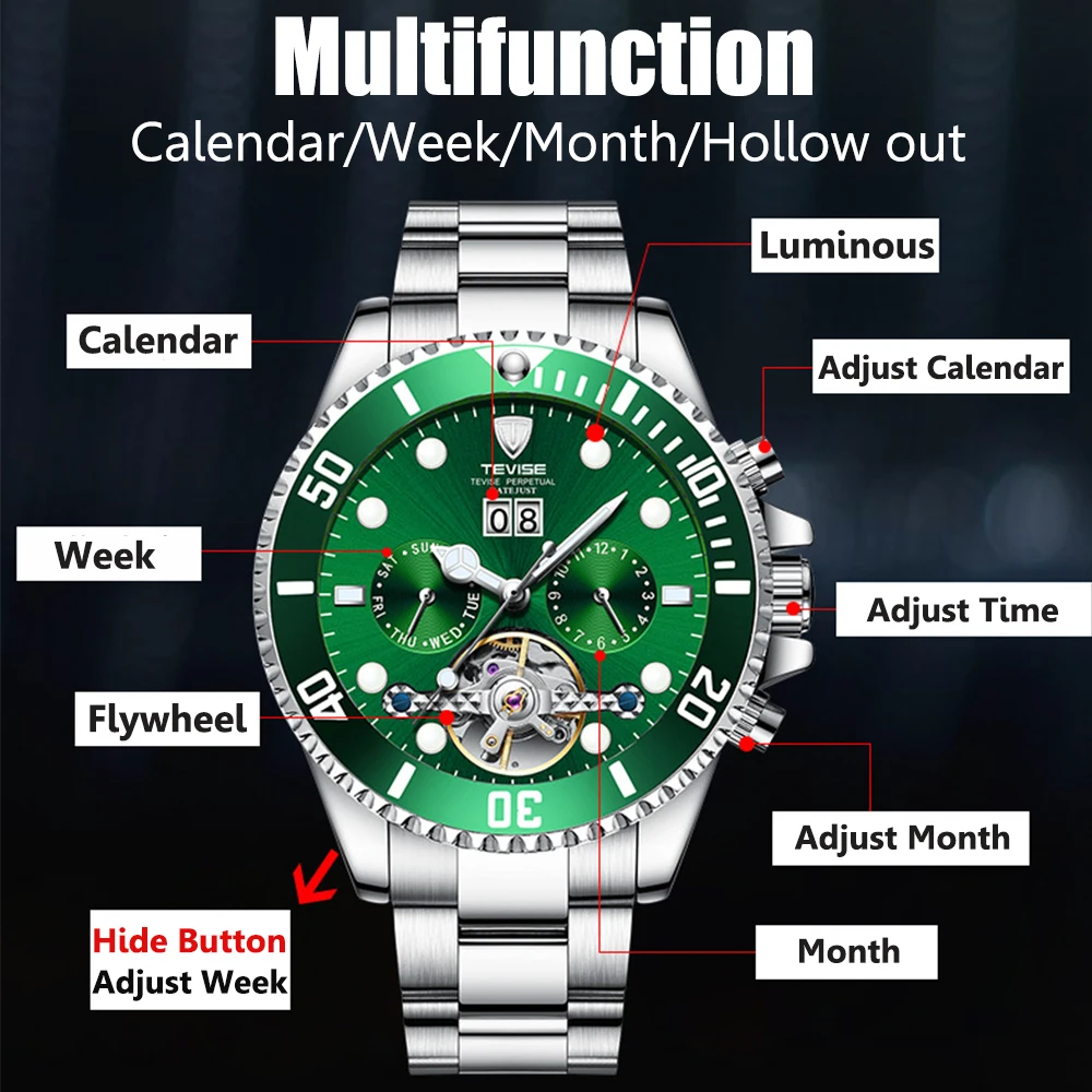 Brand Men Automatic Mechanical Wristwatch Tourbillon Stainless Steel Strap Watch 3ATM Luminous Luxury Business Mechanical Watch