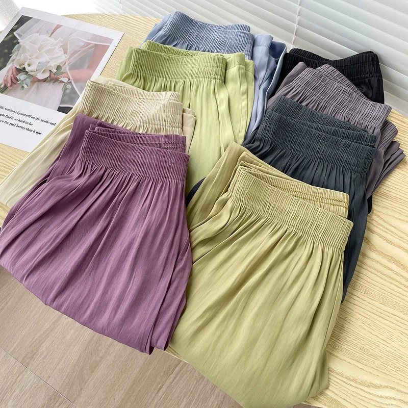 Summer Women's Loose Ice Silk Pants elastic High Waist Sunscreen Slipping Straight Pants