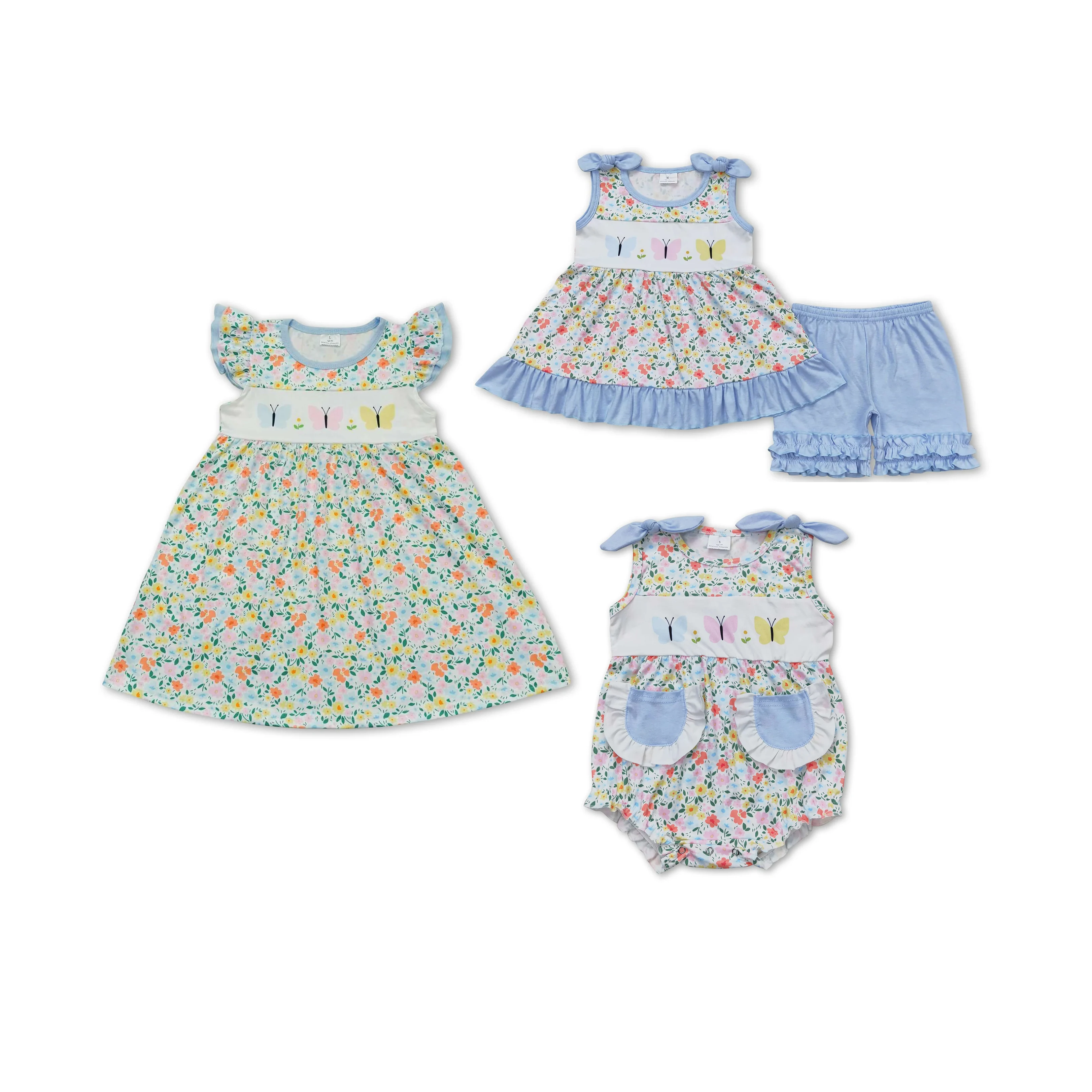

Kids Sibling Matching Clothes Short Sleeve Butterfly Print Top With Shorts Set Baby Summer Boutique Outfits