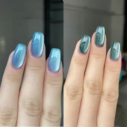 30 Pcs Acrylic Press on Nails Coffin Cat Eye Blue Green False Nails with Glue Medium Beautiful Stick-on Nails Fashion Removable