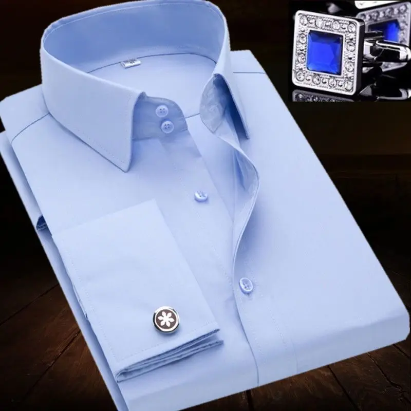 Camisa de vestir con puños franceses para hombre, camisa de doble cuello, botones ajustados, gemelos de marca, esmoquin de fiesta, boda, negocios, Eveining