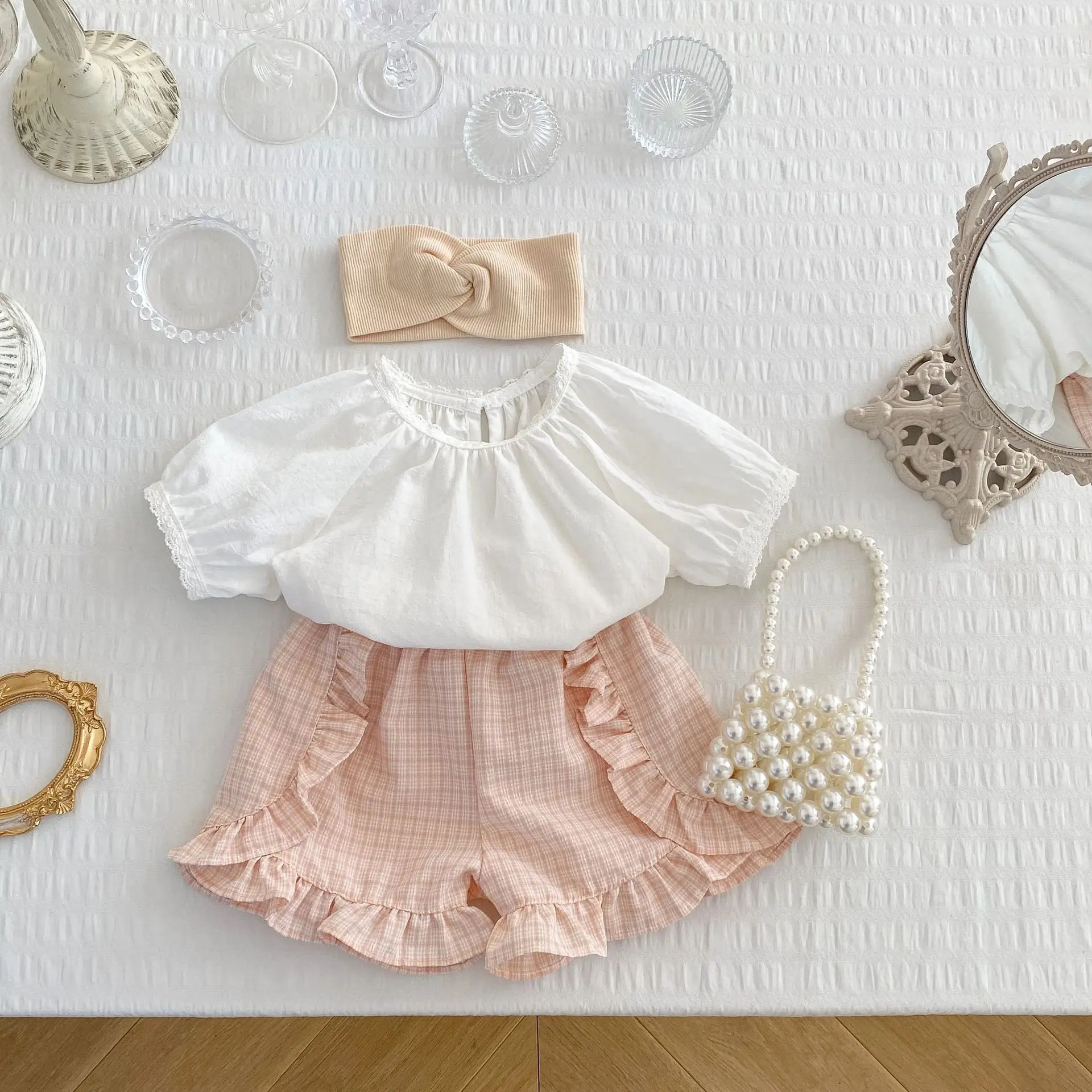 

Summer Baby Girls Cotton Alphabet Patch Striped T-shirt Tops+Drawstring Short Pant Set Kids Tracksuit Child Outfit Suit 1-3Yrs
