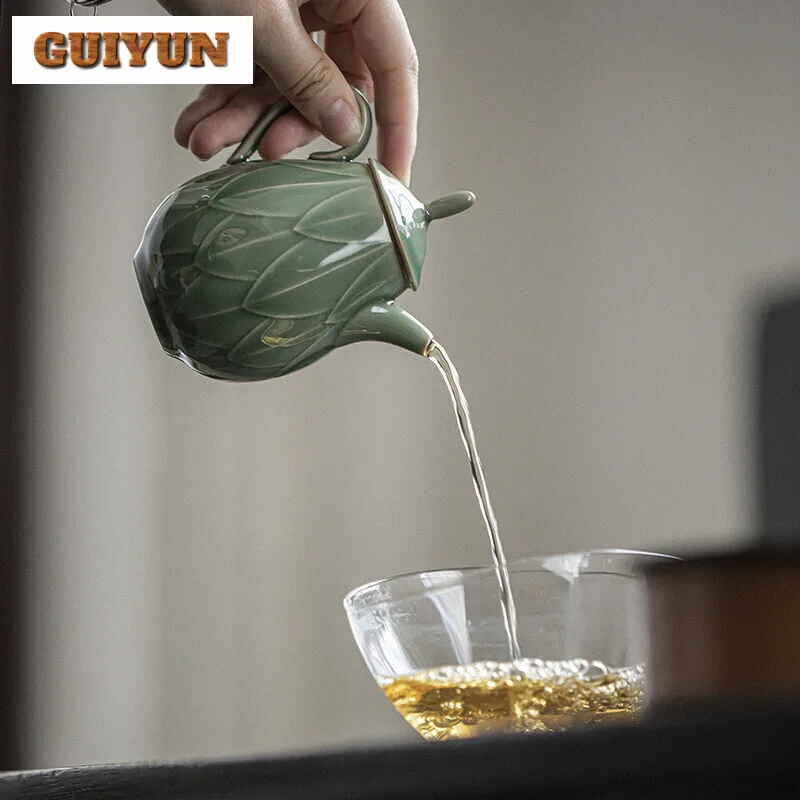 180ml Yue Kiln Plum Blossom Celadon Teapot Handmade Relief Lotus Petal Pot Antique Tea Maker Kettle with Strainer Teaware Gift - Image 5