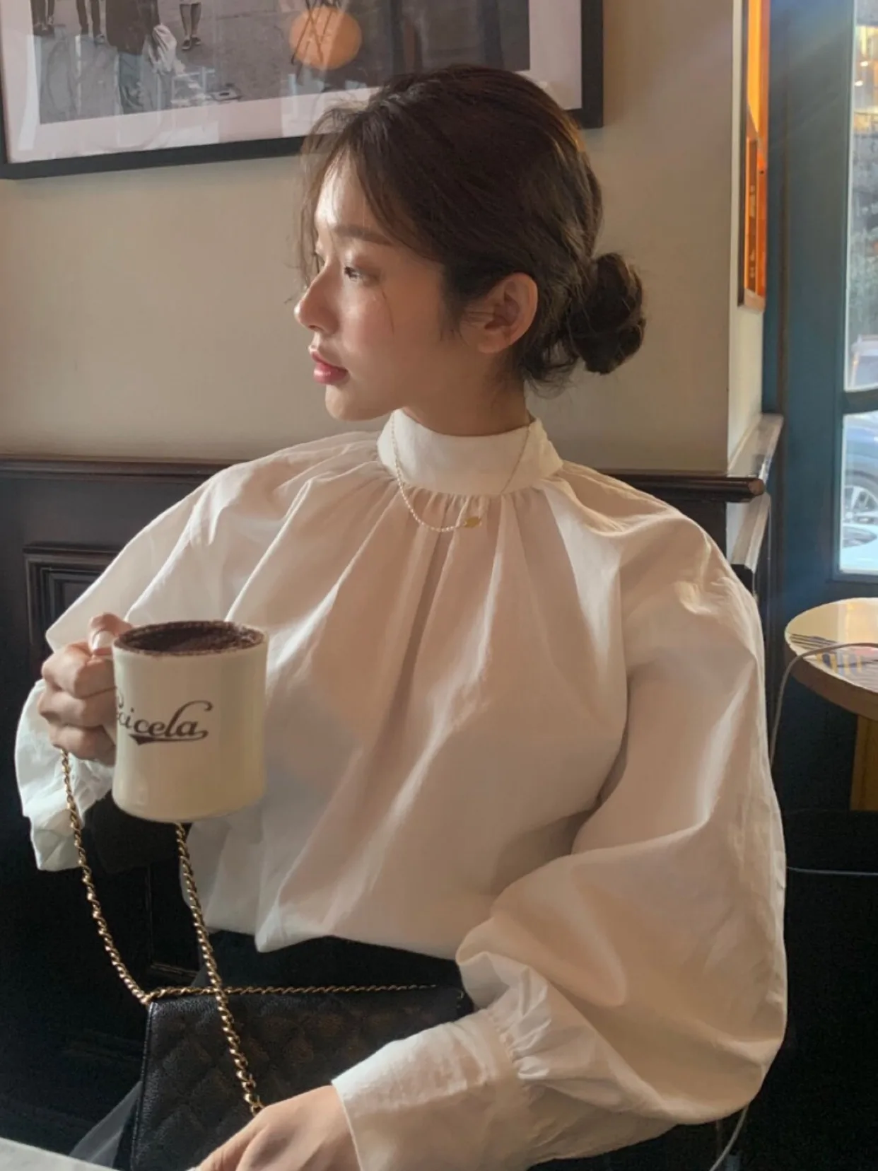 

Chic mat Women's Loose Lantern Sve irt Stand Collar Ba Single Button Design Fitted Upper Body Pure Color Commut...
