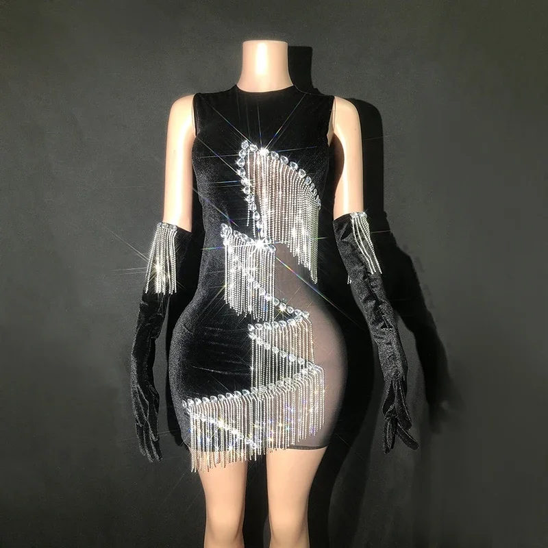 Velvet Mesh Patchwork Tassel Dress Women Birthday Celebrate Costume Party Prom Evening Dresses Stage Performance Wear XS7402