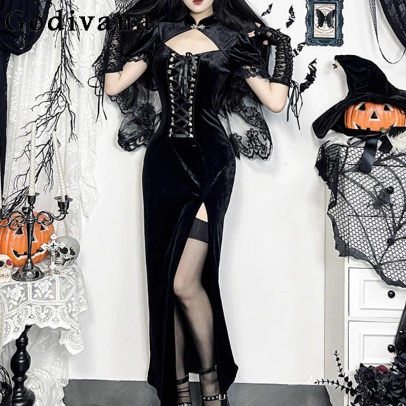 Chinese Style Black Improved Cheongsam Dress Women Ghost Bride Cosplay Dress Female Short Sleeve Hollow Sexy Dress