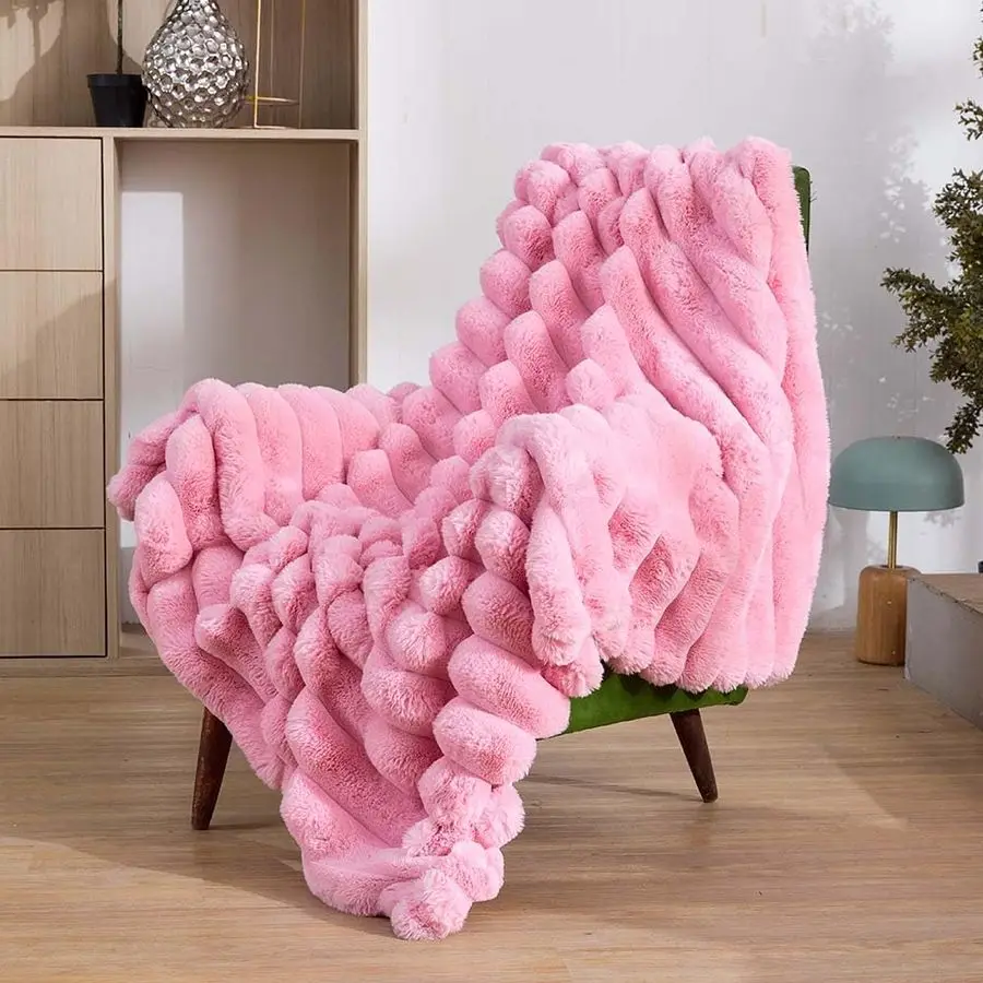

Faux Fur Throw Blanket Pink Reversible Fuzzy Plush Rabbit Wide Strip Fleece Luxury Fluffy Blanket for Home Aesthetics Enthusiast