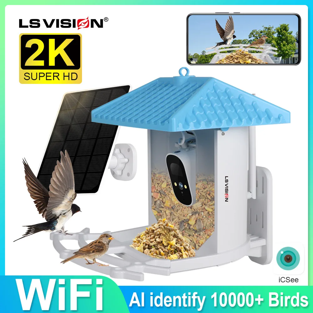 LS VISION Smart Bird Feeder Camera WiFi with Solar Panel AI Identify Bird Species, Auto Capture Watching 2K Cam, Live View ,