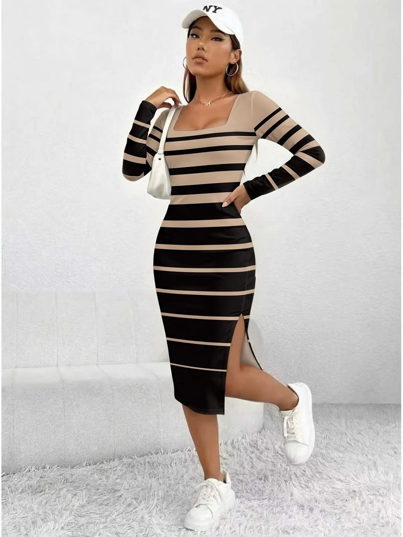 Women's Casual Maxi Dress Striped Color-Block Square Neck Long Sleeve Waist Cinched Skirt with Slit Comfortable Long Skirt
