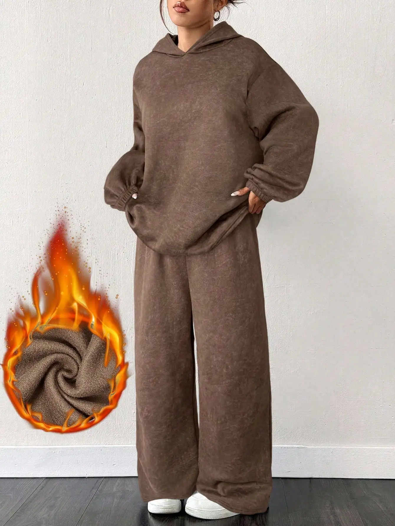 

Brown Hooded Loose Fit 2-Piece Sweatsuit Set for Casual Outings, Plus Size, Winter Warm