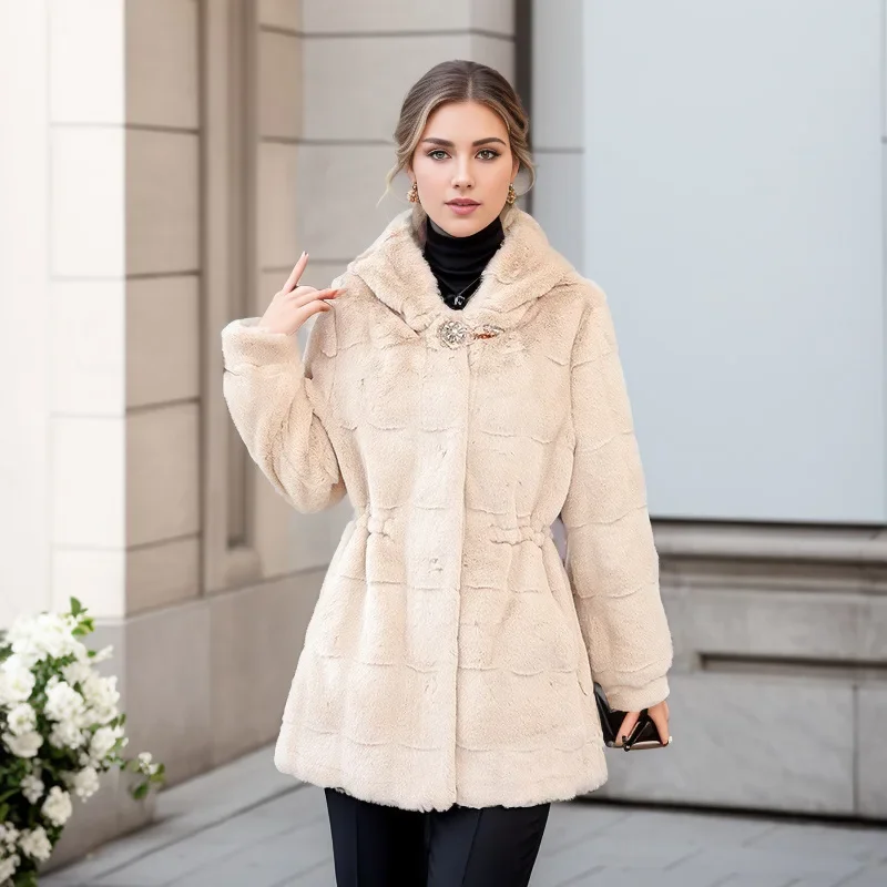 2023 Winter New Mink Fur Coat Women's Imitation Fur Mid-Length Hooded Rhinestone Slimming Waist Fashion Coat Female Black White