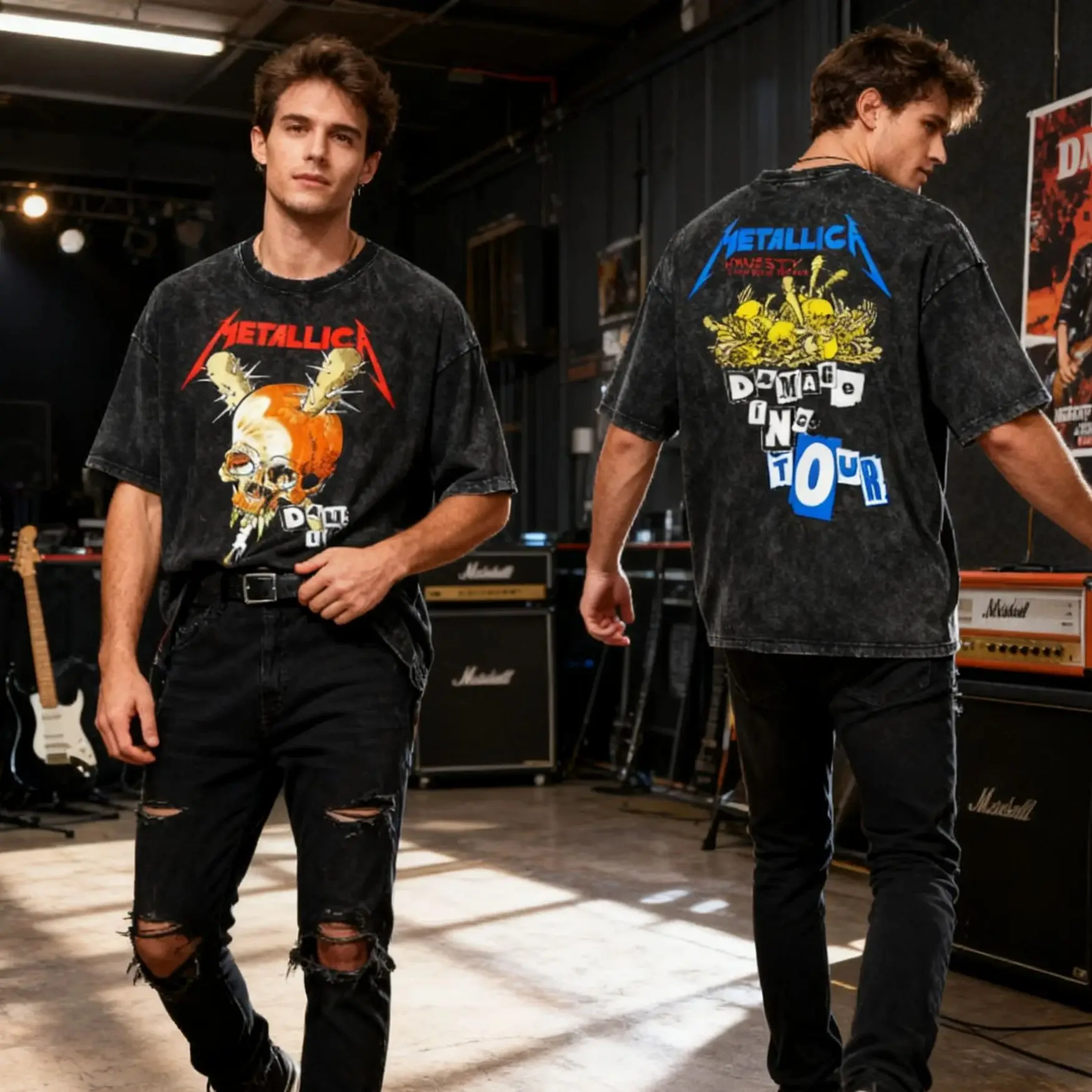 

Мужская стираная футболка Metallica Rock с двусторонним рисунком, мужская классическая повседневная удобная уличная футболка с металлической тематикой