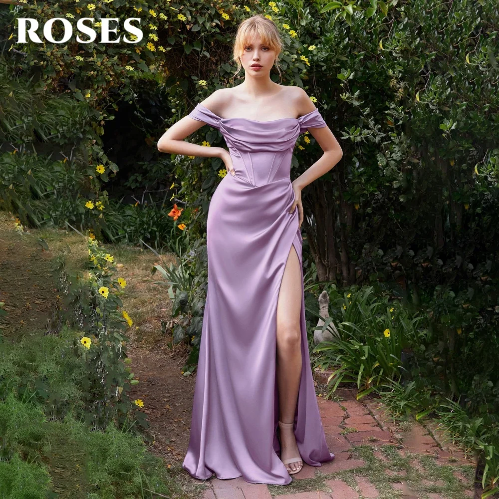 ROSES-vestido de fiesta de estilo moderno con hombros descubiertos, traje Sexy de satén con abertura alta, con cuello Barco, personalizado