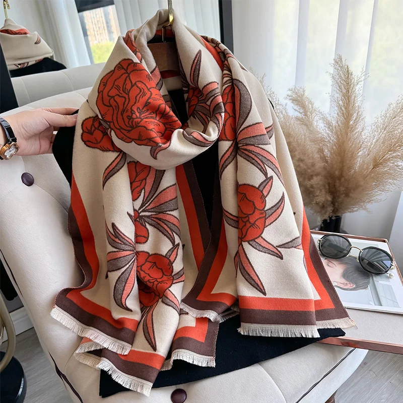 New Luxury Hydrangea Winter Two-Sided Cashmere Jacquard Scarves High Quality Women Thicken Wrap Shawl Ladies Wool Pashmina Scarf