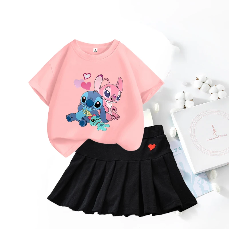 Disney Lilo&stitch Kids Girls Student Uniform Skirts T Shirt Pleated Culottes Child Summer Skirt with Inner Safety Pant Dress