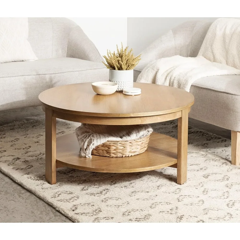 Tiered Round Coffee Table, 34 x 34 x17, Natural Brown,Transitional Two-Tier Circle Living Room Table with Storage and Resilient