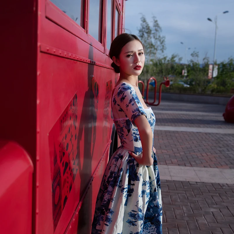 

Винтажное платье Ele из хлопка и льна с сине-белым фарфоровым принтом, квадратным воротником, короткими рукавами и пышной юбкой для женщин