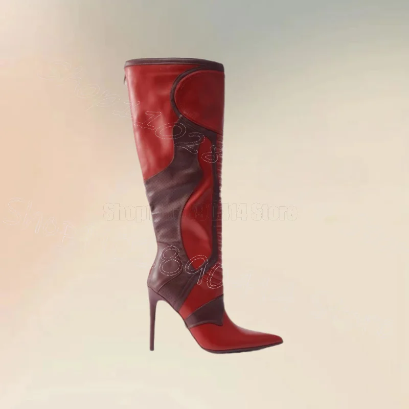

Red Brown Patchwork Leather Pointed Toe Boots Back Zipper Women Shoes Thin High Heels Sexy Party Dating 2025 Zapatos Para Mujere