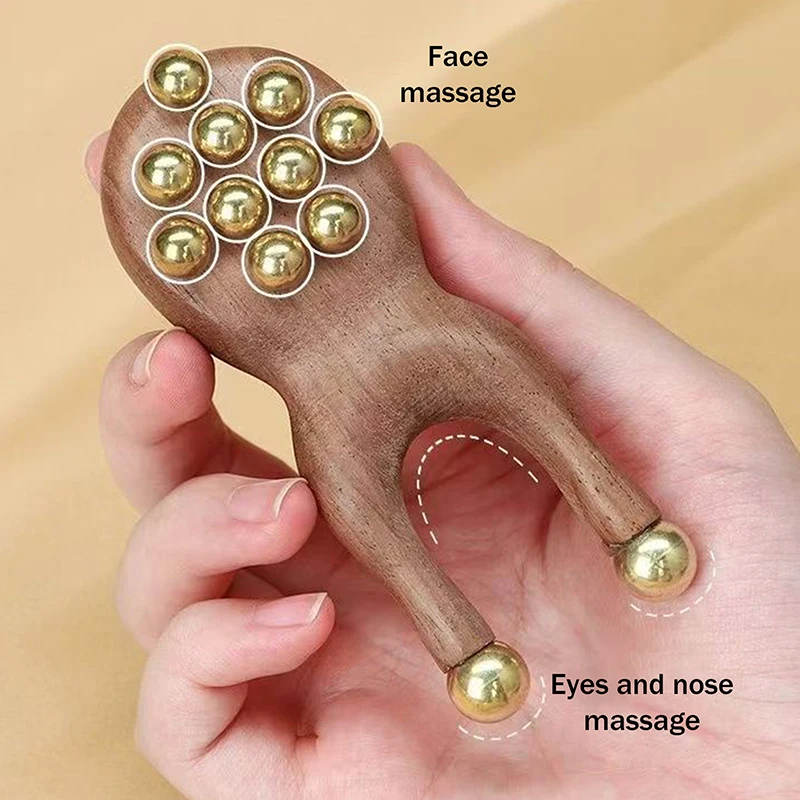 ^1Pc Wooden Nose Guasha Massage Tool Brass Bead Handheld Comb Antistatic For Face Nose Eye Relaxation Spot Meridians Acupoint-~