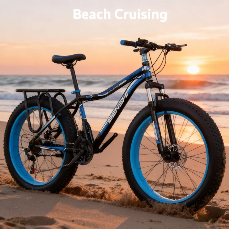 Schwarz und Blau, großes Reifenfahrrad, Erwachsene, Herren, variable Geschwindigkeit, dick, breit, Schnee, Mountainbike, Offroad, Fatbike, Strand, Stoßdämpfung