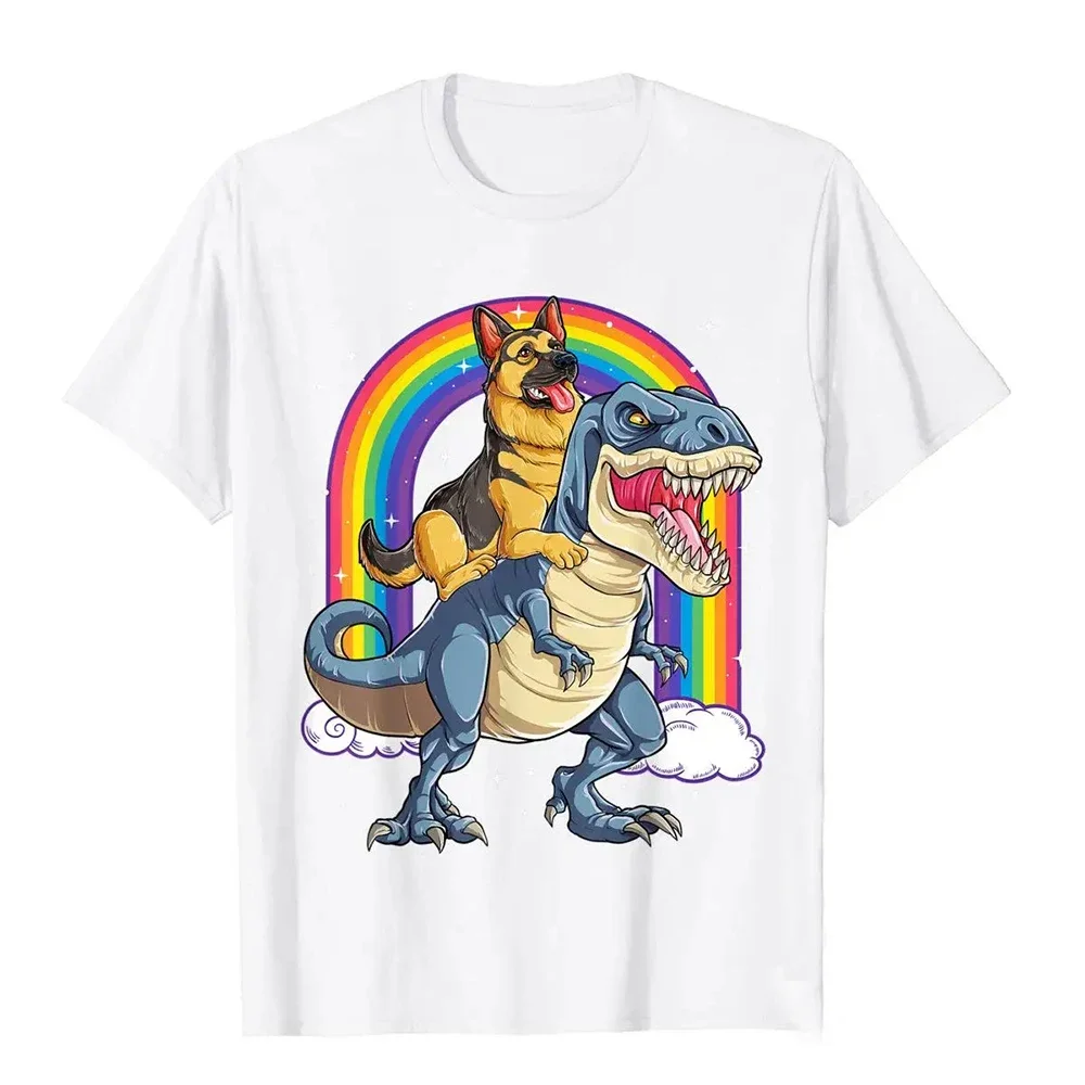 German Shepherd Riding Dinosaur T Rex Tshirt for Men Rainbow T-Shirt Cotton Design Tops T Shirt Faddish Mens T Shirts