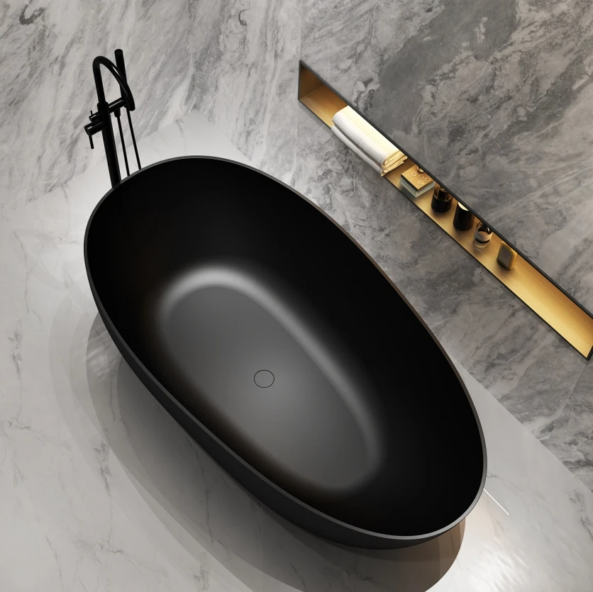 Matt Black Bathtub, Solid Surface Freestanding Tub, Premium Stone Resin Soaking Bathtub, 1.5m/59inch for Luxury Hotel Project