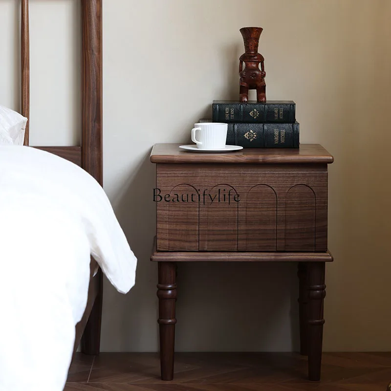 French retro black walnut all solid wood bedside table American storage locker