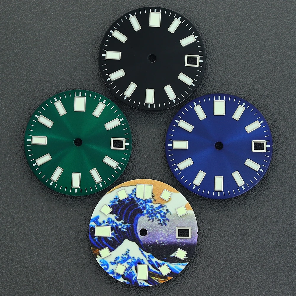 28,5 mm steriles, leuchtendes, schwarz-blau-grünes Zifferblatt mit Kalenderfenster, geeignet für NH35-Uhrwerk, Uhrenzubehör, DIY – Detail 2
