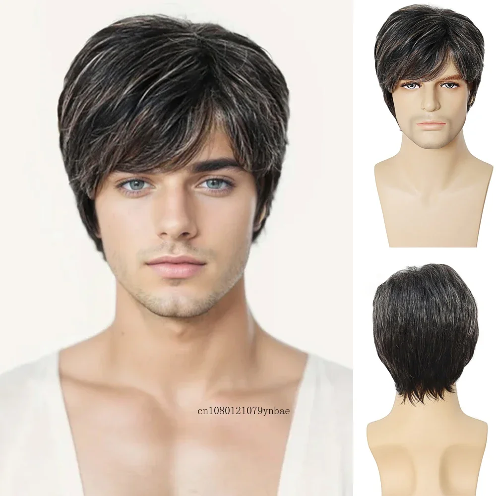 Short Wigs for Men Synthetic Hair Brown Mix Grey White Wig Natural Hairstyles Old Man Wigs Grandfather Gifts Summer Wig Outfits