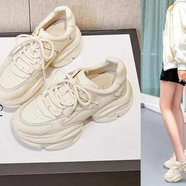 

Women's Retro Thick Bottom Dad Shoes Leather Sport Sneakers Versatile Summer Casual Shoes round Toe Rubber Outsole Anti-Impact