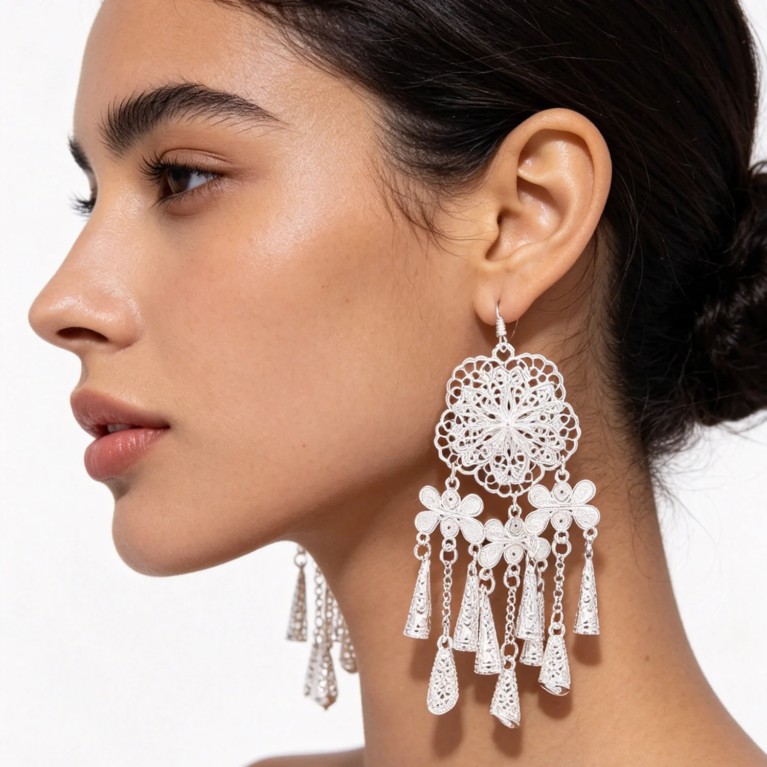Traditional Miao Silver Color Tassel Earrings for Women Ethnic Tribal Bridal Wedding Costume Statement Hollow Flower Jewelry