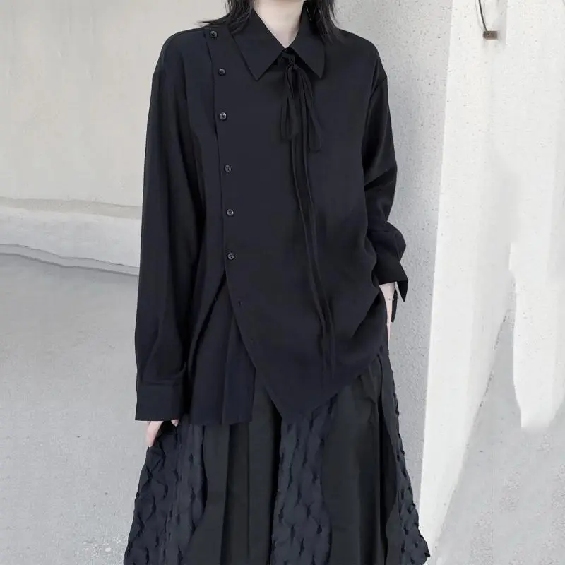

High-end Women's Irregular Lace-up Long-sleeved Shirt Loose Casual and Versatile Slanted Top