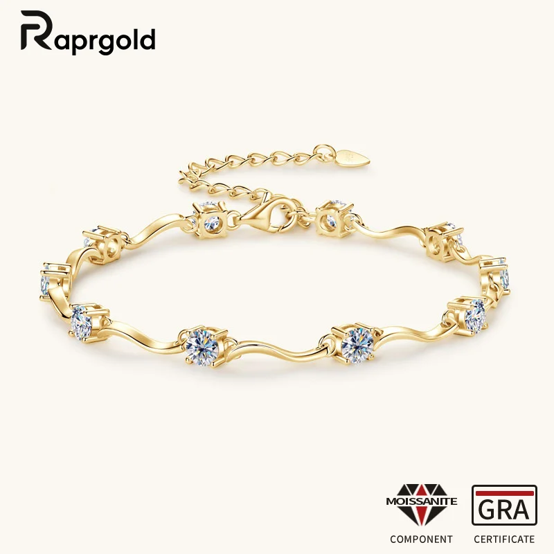 

RAPRGOLD Round Cut Moissanite Ribbon Design Bracelet Bracelet for Women 925 Sterling Silver Bracelets Chain WeddingJewelry Gifts