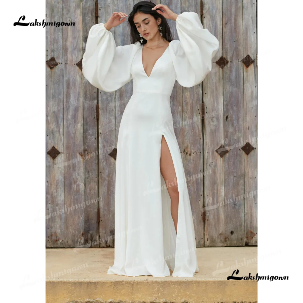 Lakshmigown-vestido de noiva com decote em V, manga comprida, renda de trem, vestido de casamento, outono, 2020