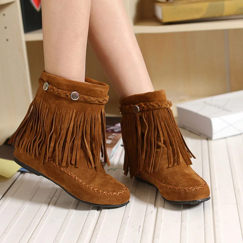 Flat Heels Boots Women Tassel Fringe Faux Suede Leather Short Boots Winter Height-increasing Lady Shoes Female Booties WSH5018